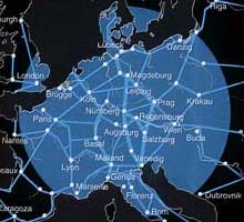 Die Karte zeigt die wichtigsten Verkehrs- und Verbindungswege unter Karl IV. 
Der Kreis beschreibt den Durchmesser, den ein berittener Bote damals
in 10 Tagen durcheilen konnte. (aus: Gold im Herzen Europas)